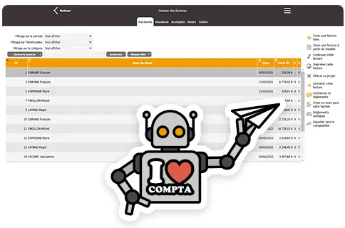 Liste de facture dans Batappli pour export automatique en comptabilité avec un icone de robot qui envoi un document avion en papier pour symobilser l'automatisation
