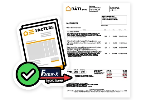 aperçu d'une facture crée avec Batappli, un icone de coche verte et le logo Factur-X pour montrer que Batappli est prêt pour la réforme facture électronique
