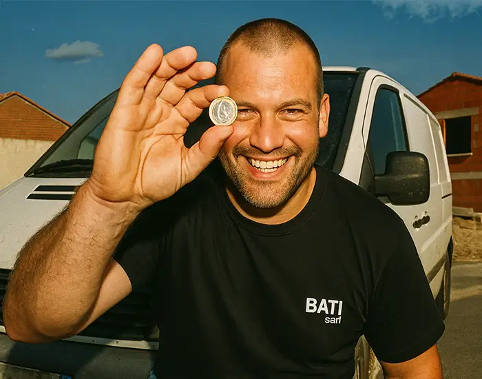 Portrait d'un artisan souriant devant son camion montrant un pièce de 1 euro pour illustrer la chasse aux impayés