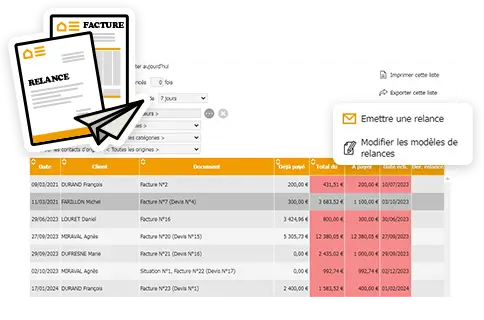 Interface de suivi des impayés pour faire ou modifier courrier de relance automatiquement par email ou courrier