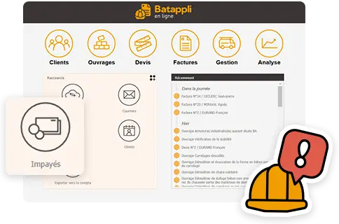 Interface d'accueil de Batappli qui affiche les alertes d'impayés à l'ouverture du logiciel