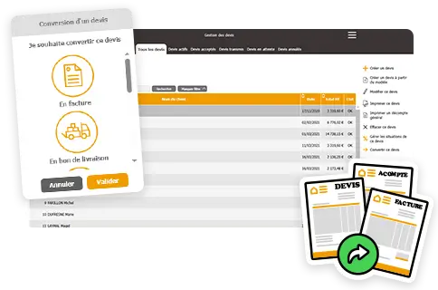 Interface Batappli de conversion automatique de devis en facture, acompte, avoir, bon de livraison, commande