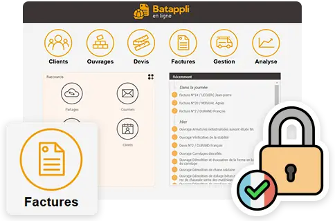 Interface Batappli logiciel de gestion bâtiment certifié à la loi antifraude à la TVA avec un icone de cadenas avec coche validé pour symboliser le verouillage à la loi 2018-898
