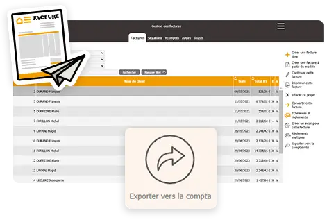 interface Batappli avec le bouton d'export comptable de vos données au format compatible de facturation vers votre expert-comptable