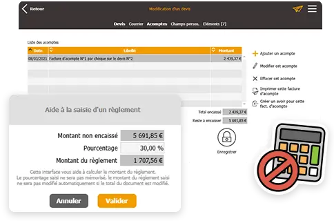 Interface Batappli d'aide à la saisie automatique d'un pourcentage d'acompte sans calcul pour créer des facture d'acompte légale