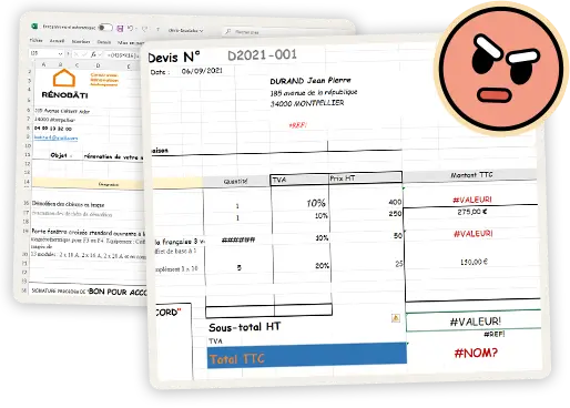 Feuille Excel avec formules cassées, TVA manquante et numérotation de devis en doublon