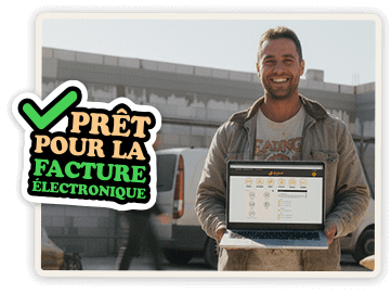 Homme souriant tenant un ordinateur portable affichant un logiciel de gestion de factures Batappli, avec un pictogramme de coche verte et le texte « Prêt pour la facture électronique » à gauche.