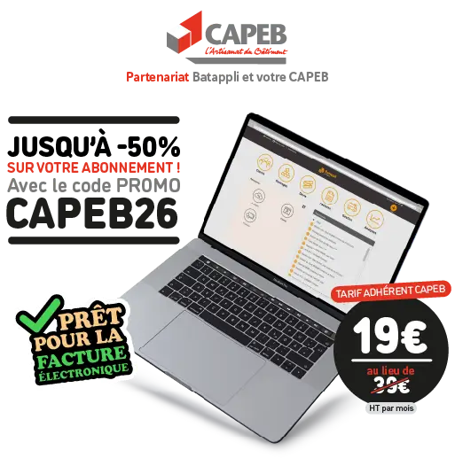 Ordinateur portable affichant une interface logicielle pour la gestion de factures électroniques, avec texte annonçant une offre à 19€ HT par mois au lieu de 29€ pour les adhérents CAPEB.