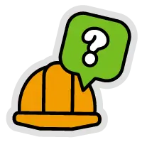 Casque de chantier orange avec une bulle verte contenant un point d'interrogation blanc.