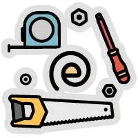 Illustration d'outils de bricolage comprenant un mètre ruban, une vis, un tournevis, une scie manuelle, un écrou et une rondelle.