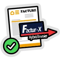 Illustration d'une facture avec une flèche portant le texte Factur-X Hybrid Invoice et un cercle vert avec une coche.