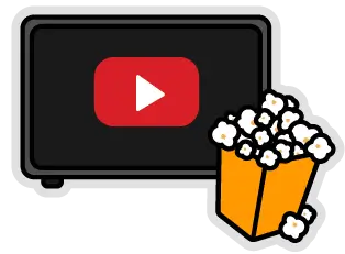 Écran noir affichant le logo YouTube avec un pot de popcorn orange à côté.