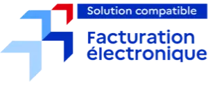 Illustration avec des formes géométriques bleues et rouges et le texte "Solution compatible Facturation électronique".