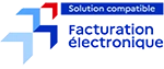 Icônes bleues et rouges abstraites avec texte « Solution compatible Facturation électronique ».