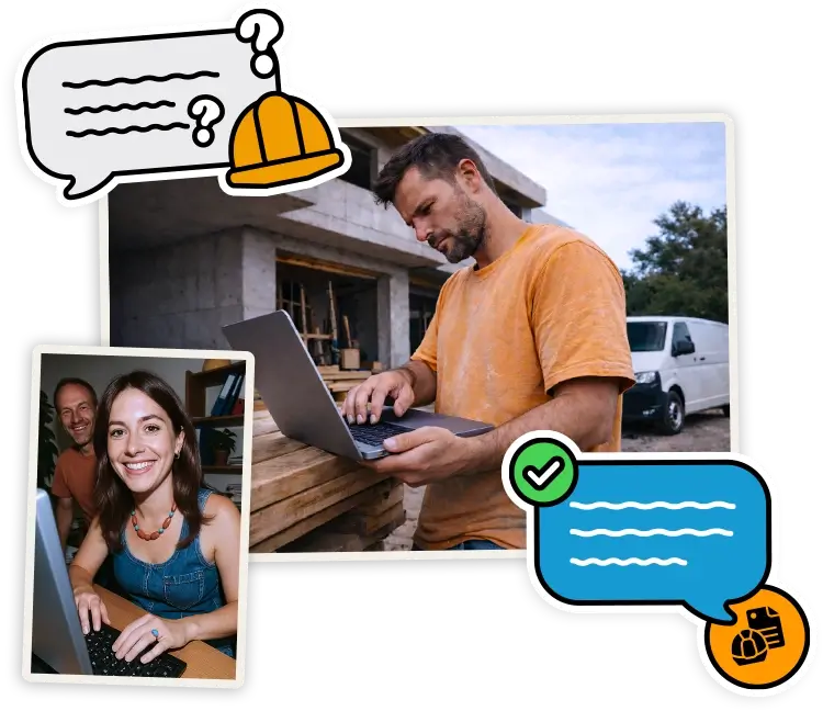Homme en t-shirt orange travaillant sur un ordinateur portable sur un chantier, avec une photo plus petite d'une femme souriante utilisant un ordinateur, entourés d'illustrations de bulles de dialogue et casques de chantier.