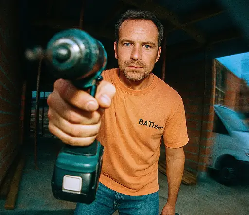 Menuisier en t-shirt orange visant la caméra avec une perceuse sur un chantier de construction.