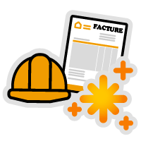 Icône représentant un casque de chantier orange, une facture avec le titre « FACTURE » et le logo de l'ia représenté par des symboles d'éclat lumineux orange.