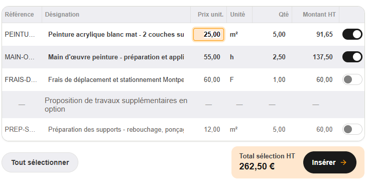 Aperçu du tableau présentant les articles de prix de travaux proposés par l'ia batappli en réponse