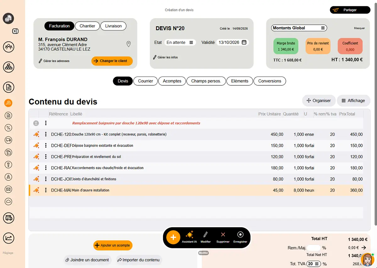 Devis plomberie dans Batappli : les lignes proposées par Batappli.ia pour le remplacement d'une baignoire par une douche 120x90 sont insérées dans le document.