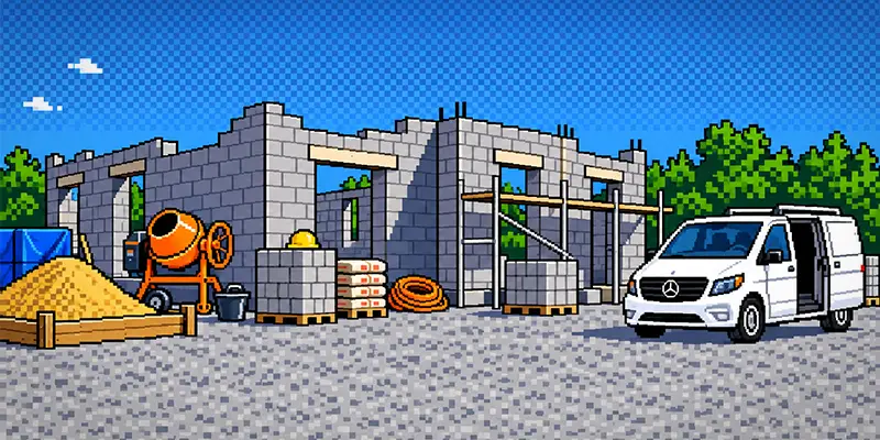 Image pixel art d'un chantier avec une maison en construction en parpaings, une bétonnière orange, un tas de sable, des sacs de ciment, des palettes, un échafaudage, un enrouleur de câble et une camionnette blanche Mercedes-Benz garée sur une surface gravillonnée, avec des arbres verts en arrière-plan sous un ciel bleu clair.