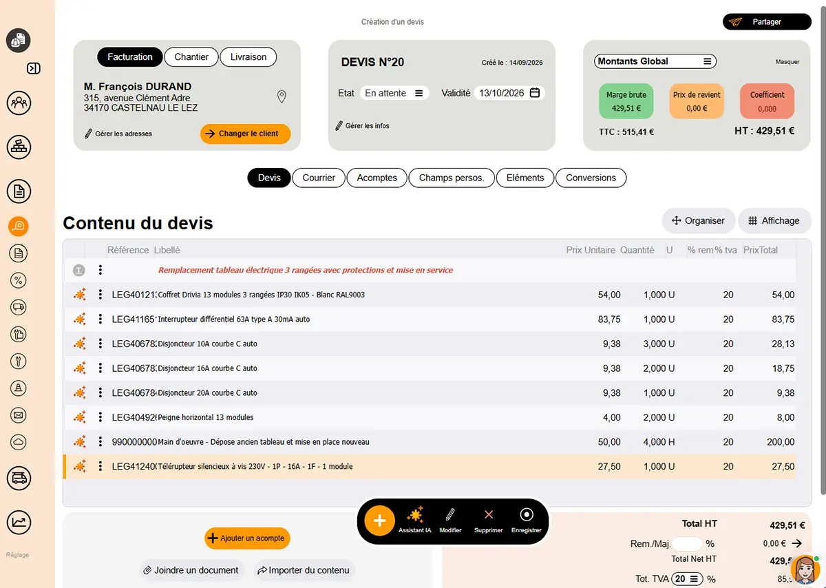 Devis électricité dans Batappli : les lignes proposées par Batappli.ia pour le remplacement d'un tableau électrique 3 rangées sont insérées dans le document.