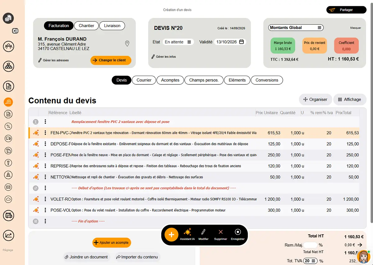 Devis menuiserie dans Batappli : les lignes proposées par Batappli.ia pour le remplacement d'une fenêtre PVC 2 vantaux sont insérées dans le document, avec le volet roulant en option.