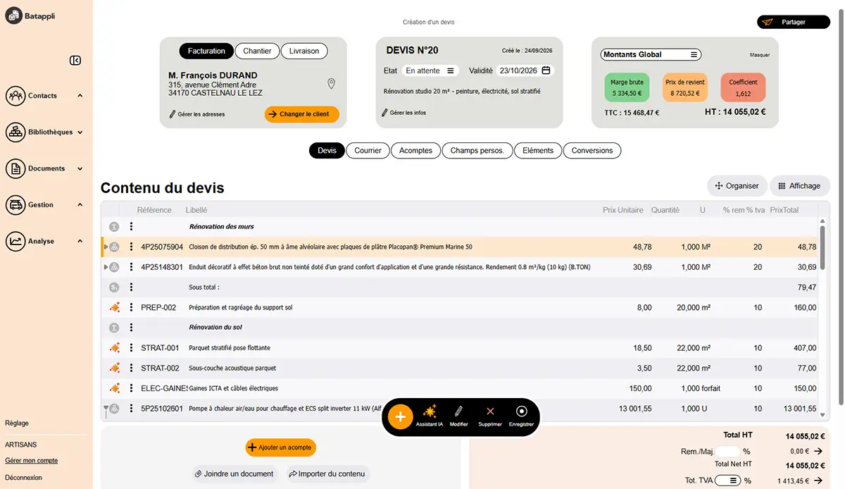 Interface du logiciel Batappli de création de devis artisan bâtiment