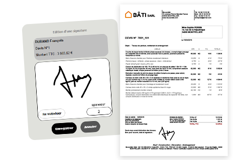 Fenêtre de signature Batappli d'un devis contenant une signature numérique, ainsi qu'un aperçu du devis détaillé et signé électroniquement