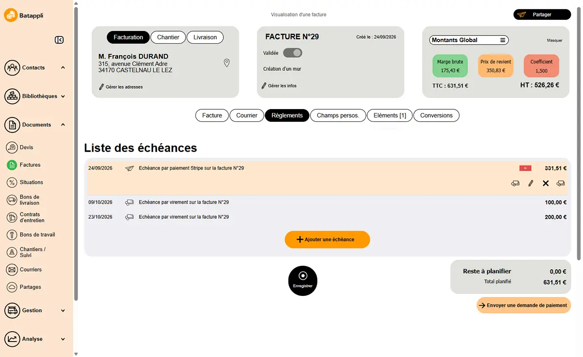 Interface du logiciel Batappli : factures de situation