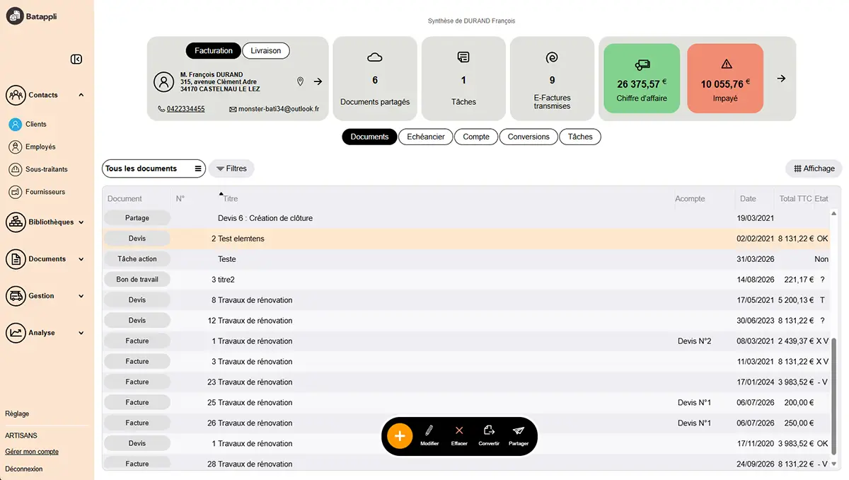 Interface du logiciel Batappli : gestion des clients