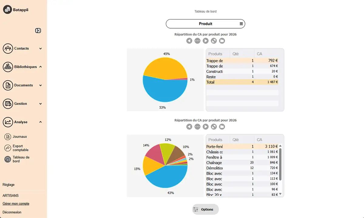 Interface du logiciel Batappli : suivi de chantier et trésorerie
