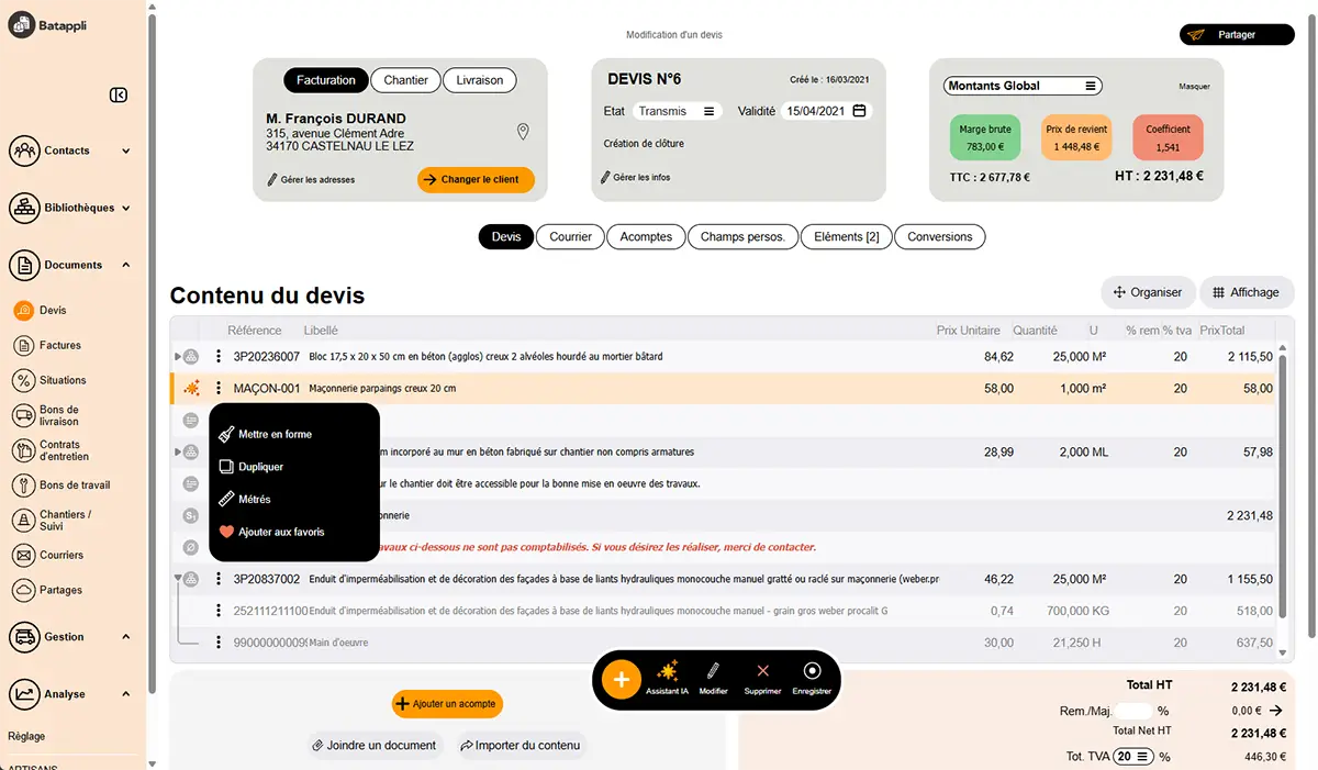 Interface du logiciel Batappli de création de devis artisan bâtiment