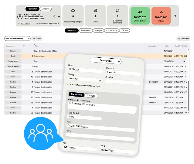 Interface Batappli de gestion client avec onglets pour facturation, livraison, documents partagés, tâches et factures électroniques, affichant un tableau de documents et un formulaire de description client avec coordonnées, adresse, et numéro de téléphone.