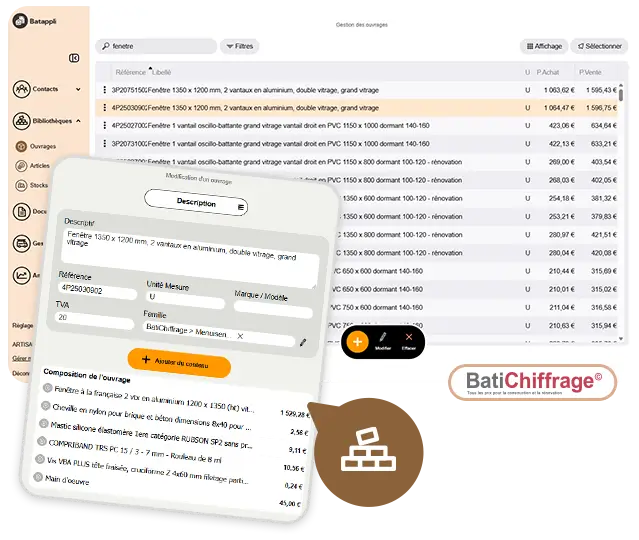 Logiciel Batappli montrant une interface de gestion des ouvrages avec une liste des prix pour travaux avec le logo Batichiffrage en bas à droite.