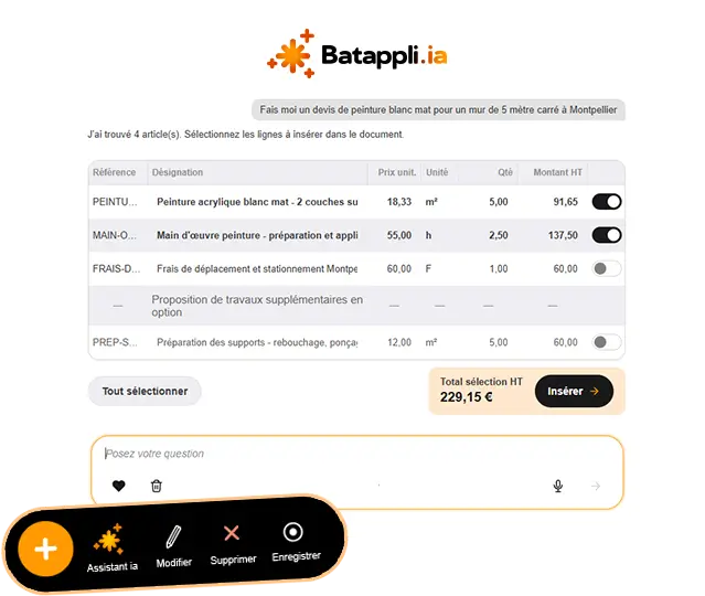 Interface de l'assistant Batappli.ia proposant des travaux avec main d'œuvre, frais de déplacement, les prix unitaires, quantités, et montants HT.