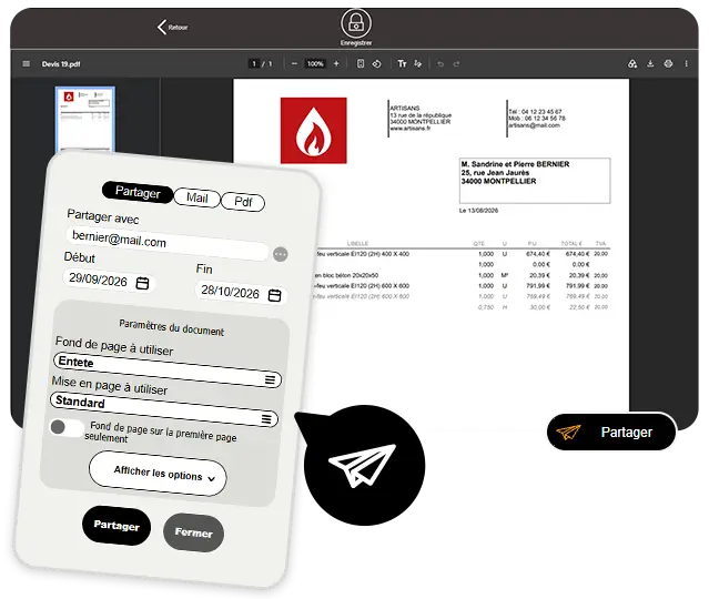 Capture Batappli de partage de devis client dans le logiciel, montrant un formulaire avec options pour partager par lien internet, mail ou PDF.