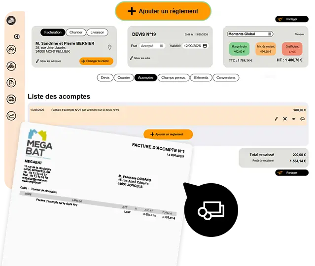 Interface Batappli montrant un devis accepté avec la liste des acompte et un exemple de facture d'acompte pdf créé depuis le bouton "Enregistrer un règlement"