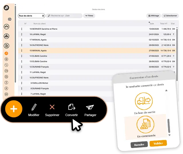 Interface logiciel Batappli de la liste des devis, avec un menu flottant en bas pour convertir un devis, et une fenêtre de conversion en bon de sortie ou en commande.