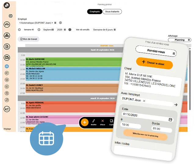 Interface Batappli de gestion de planning, emploi du temps d'un employé avec des rendez-vous colorés et la fenêtre de prise de rendez-vous ouverte.