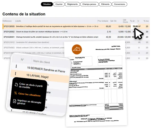 Capture d'écran de Batappli logiciel de gestion de chantier montrant un tableau de situations avec des pourcentages d'avancement, avec menu flottant pour gérer les situations et un aperçu de facture