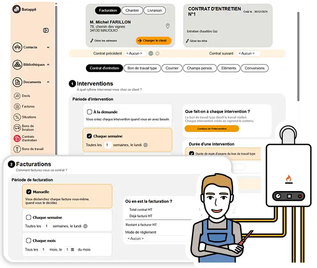 Capture Batappli de gestion de contrats d'entretien montrant les sections Interventions et Facturations, avec options de périodicité et détails de facturation, accompagnée d'une illustration d'un technicien avec une clé à molette devant une chaudière