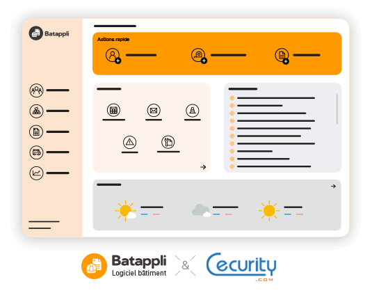 Tableau de bord Batappli avec actions rapides et raccourcis, accompagné des logos Batappli et Cecurity, partenaires pour la facture électronique