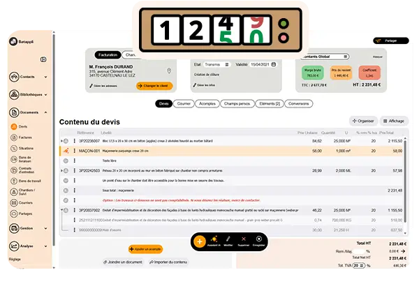 Devis en cours de rédaction dans Batappli avec un compteur illustrant la numérotation automatique des documents