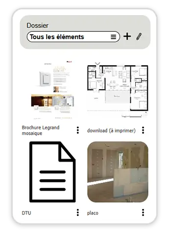 Dossier de documents d'un client dans Batappli : plan de maison, brochure fournisseur, DTU et photo de chantier