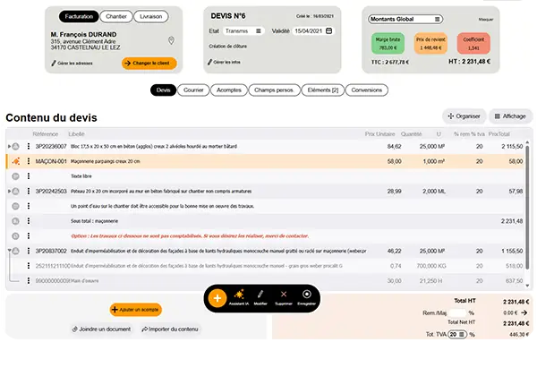 Contenu d'un devis dans Batappli : lignes d'ouvrages, quantités, prix unitaires, remise et totaux HT et TTC