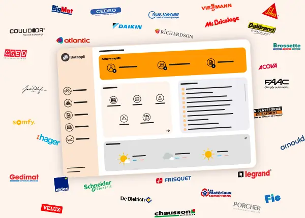 Tableau de bord Batappli entouré de logos de fabricants et distributeurs du bâtiment, dont Legrand, Schneider Electric, Hager, Atlantic, Daikin, Velux et Gedimat