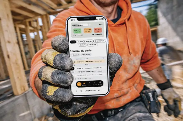 Artisan en gants de chantier tenant un smartphone qui affiche un devis Batappli, sur un chantier de charpente bois
