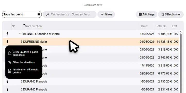 Liste des documents dans Batappli avec le type, la date, le montant TTC, l'acompte et l'état de chaque devis ou facture