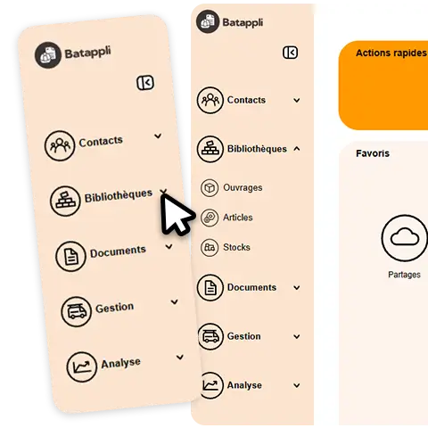 Menu latéral déroulant de Batappli, affiché sur chaque écran : contacts, bibliothèques, documents, gestion et analyse