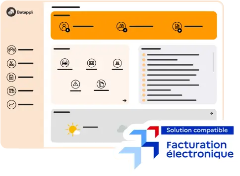 Interface de logiciel de gestion avec menus: Clients, Ouvrages, Devis, Factures, Gestion, Analyses et section Raccourcis affichant Partages, Clients, Impayés, Courriers, plus une liste d'éléments récents.